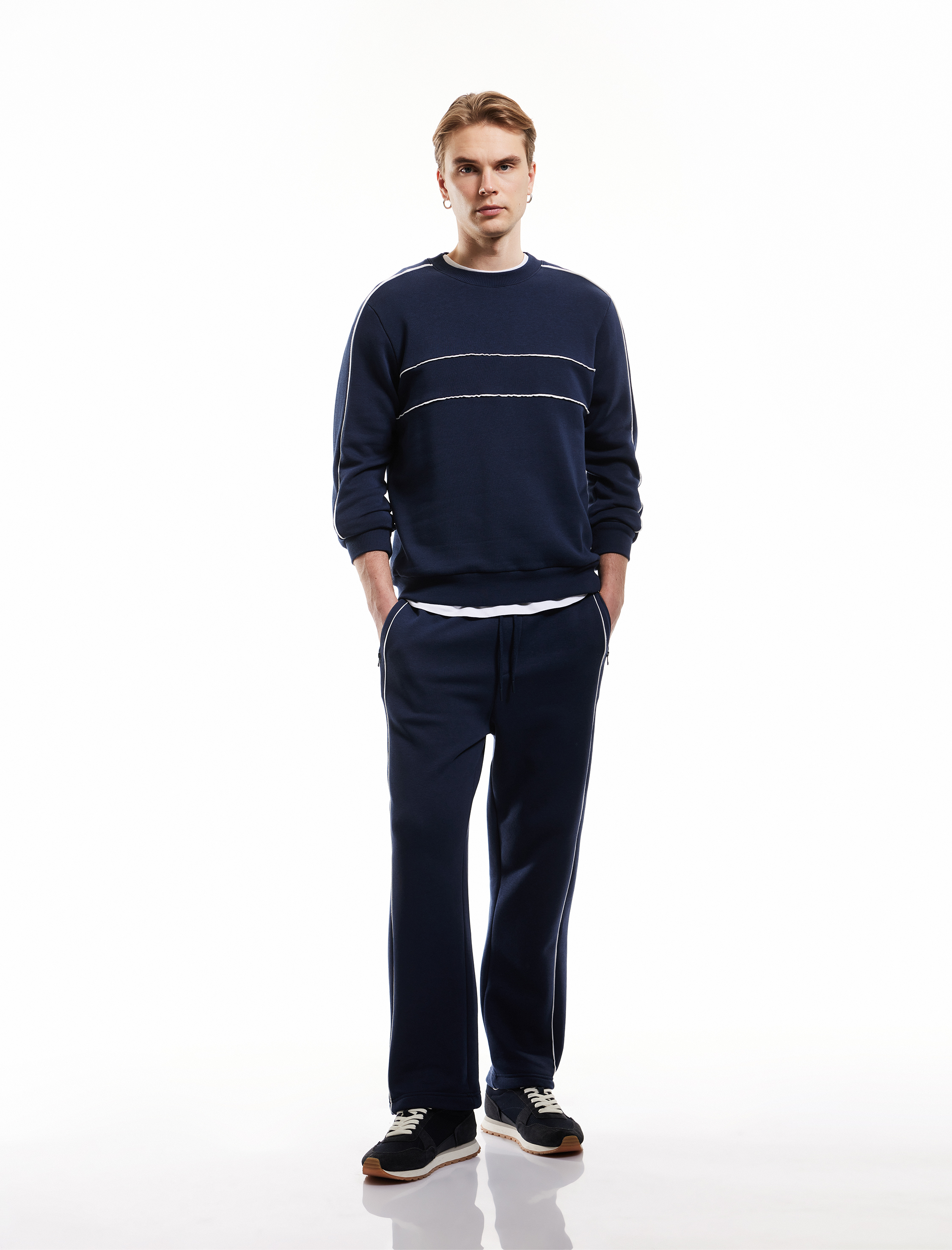   Fermuarlı Cepli Dikiş Detaylı Şardonlu Pamuk Karışımlı Beli Bağcıklı Kışlık Eşofman Altı