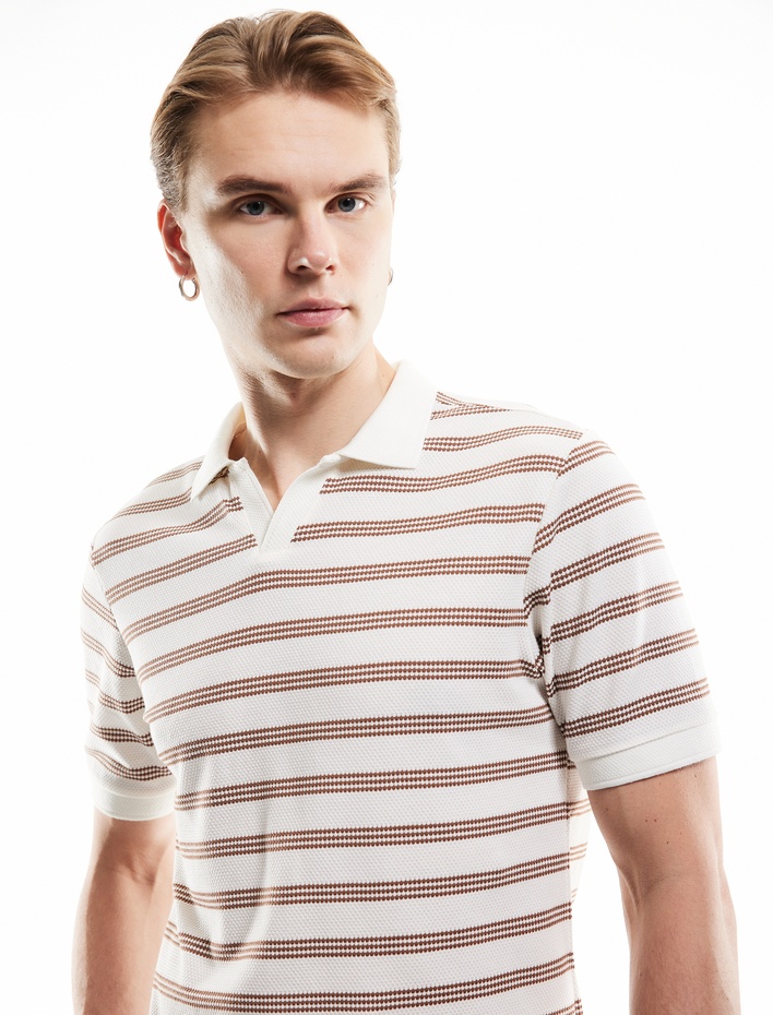  Kısa Kollu Pamuk Karışımlı Regular Fit Çizgili Polo Yaka Tişört