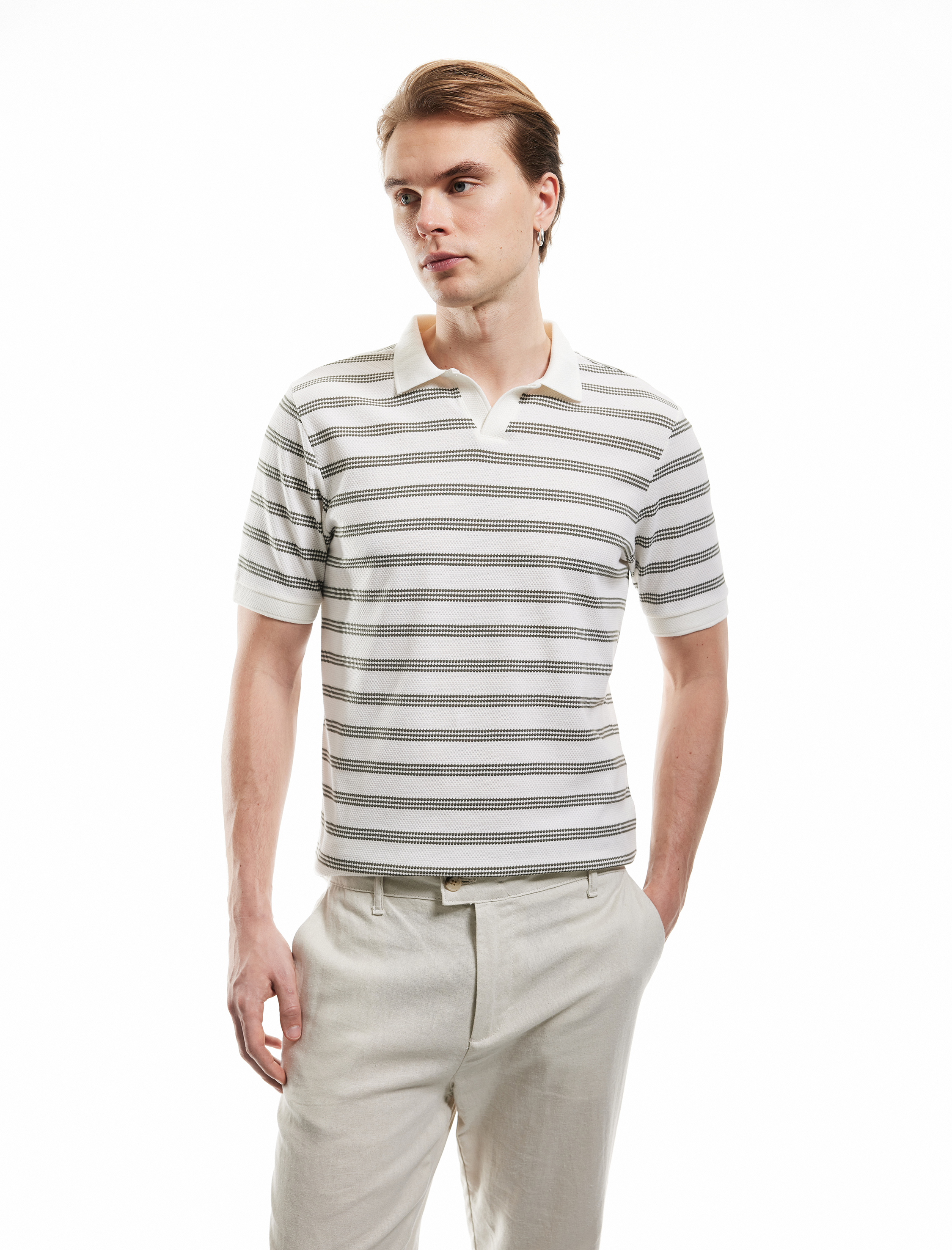 Kısa Kollu Pamuk Karışımlı Regular Fit Çizgili Polo Yaka Tişört