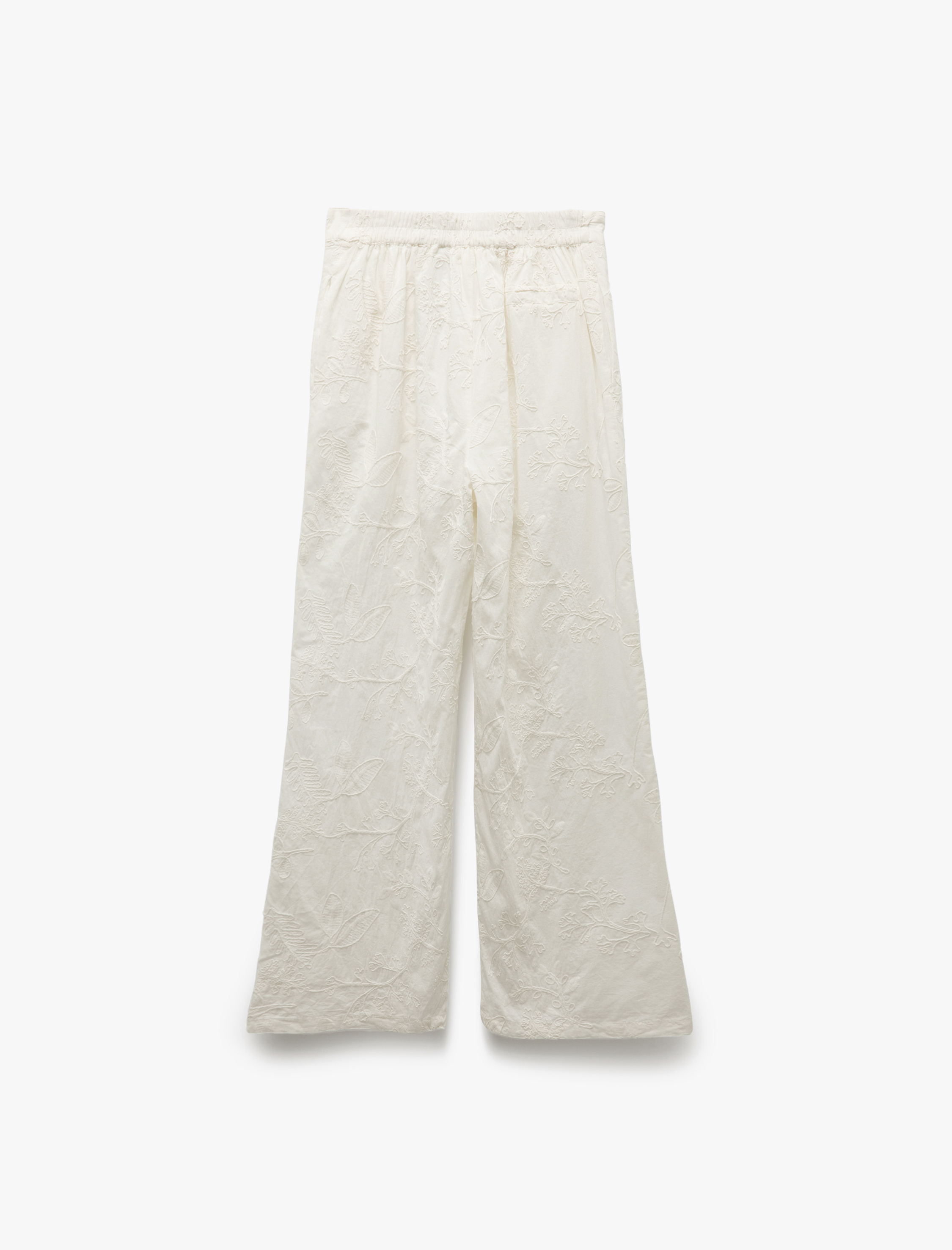   Astarlı Pamuklu Yüksek Bel Düz Bol Paça Çiçek İşlemeli Brodeli Pantolon