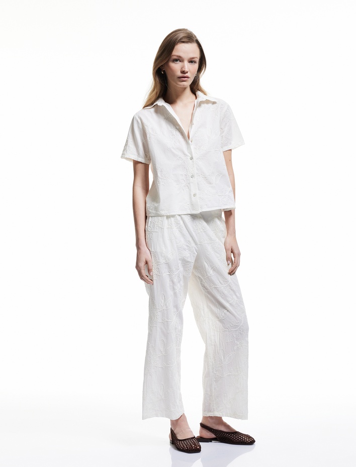  Astarlı Pamuklu Yüksek Bel Düz Bol Paça Çiçek İşlemeli Brodeli Pantolon