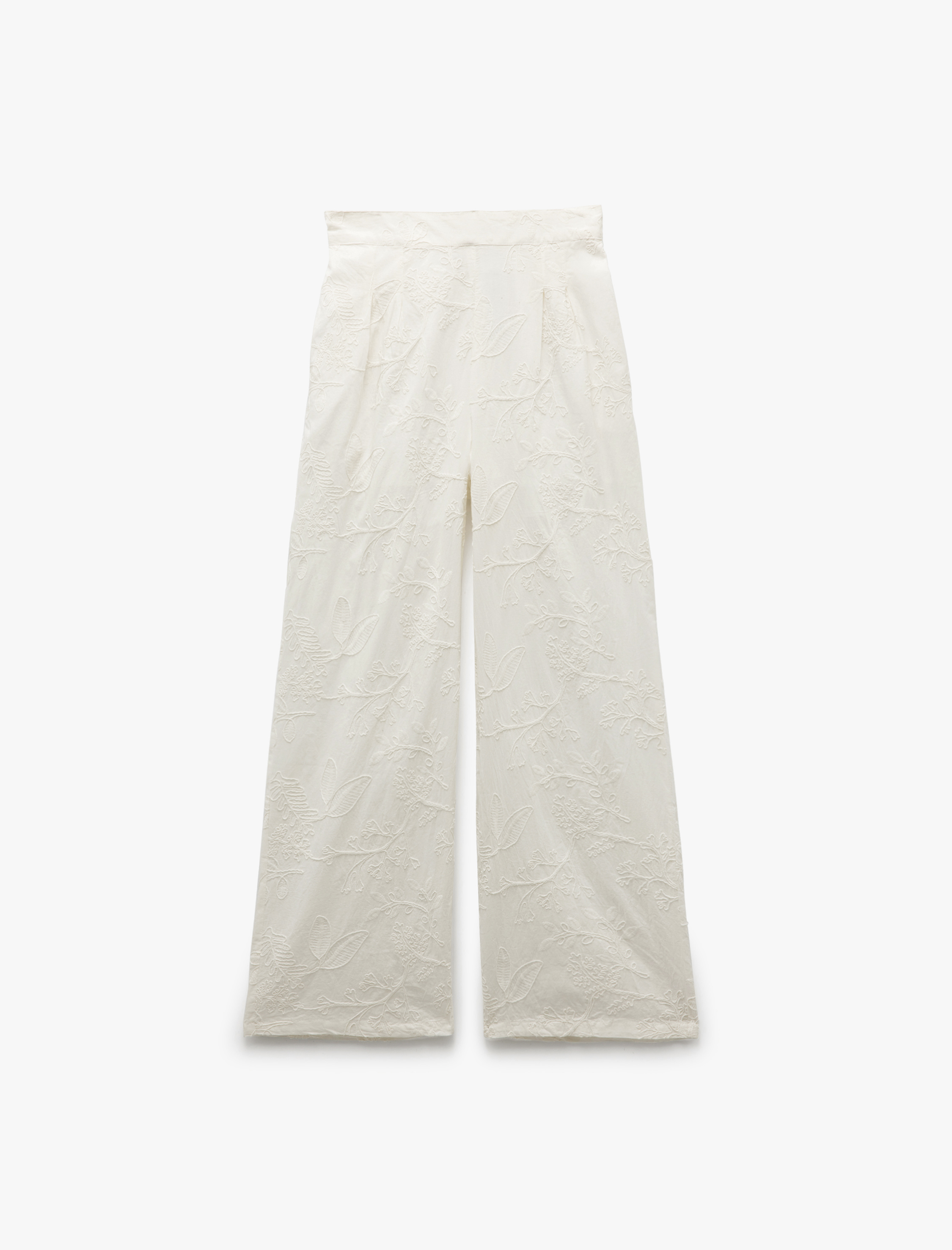   Astarlı Pamuklu Yüksek Bel Düz Bol Paça Çiçek İşlemeli Brodeli Pantolon