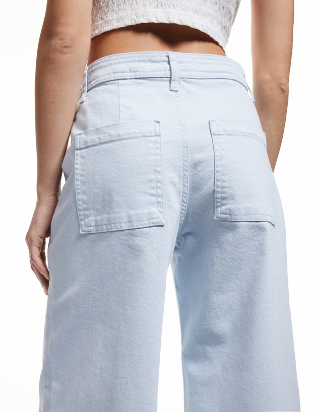 Pamuklu Geniş Kalıp Cepli Düğmeli Crop Geniş Paça Denim Pantolon - Culotte Jean_2