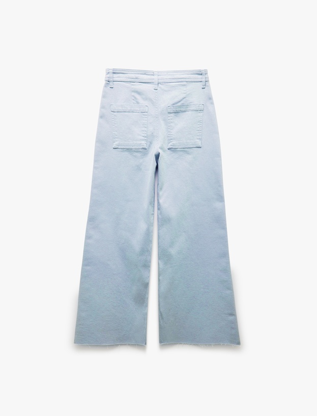 Pamuklu Geniş Kalıp Cepli Düğmeli Crop Geniş Paça Denim Pantolon - Culotte Jean_4