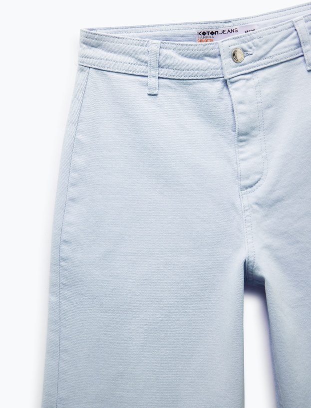 Pamuklu Geniş Kalıp Cepli Düğmeli Crop Geniş Paça Denim Pantolon - Culotte Jean_6