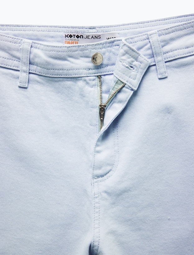 Pamuklu Geniş Kalıp Cepli Düğmeli Crop Geniş Paça Denim Pantolon - Culotte Jean_5