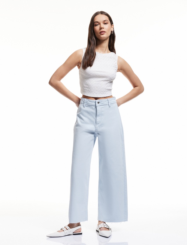 Pamuklu Geniş Kalıp Cepli Düğmeli Crop Geniş Paça Denim Pantolon - Culotte Jean_1