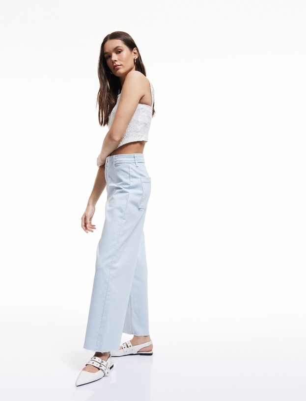 Pamuklu Geniş Kalıp Cepli Düğmeli Crop Geniş Paça Denim Pantolon - Culotte Jean_0
