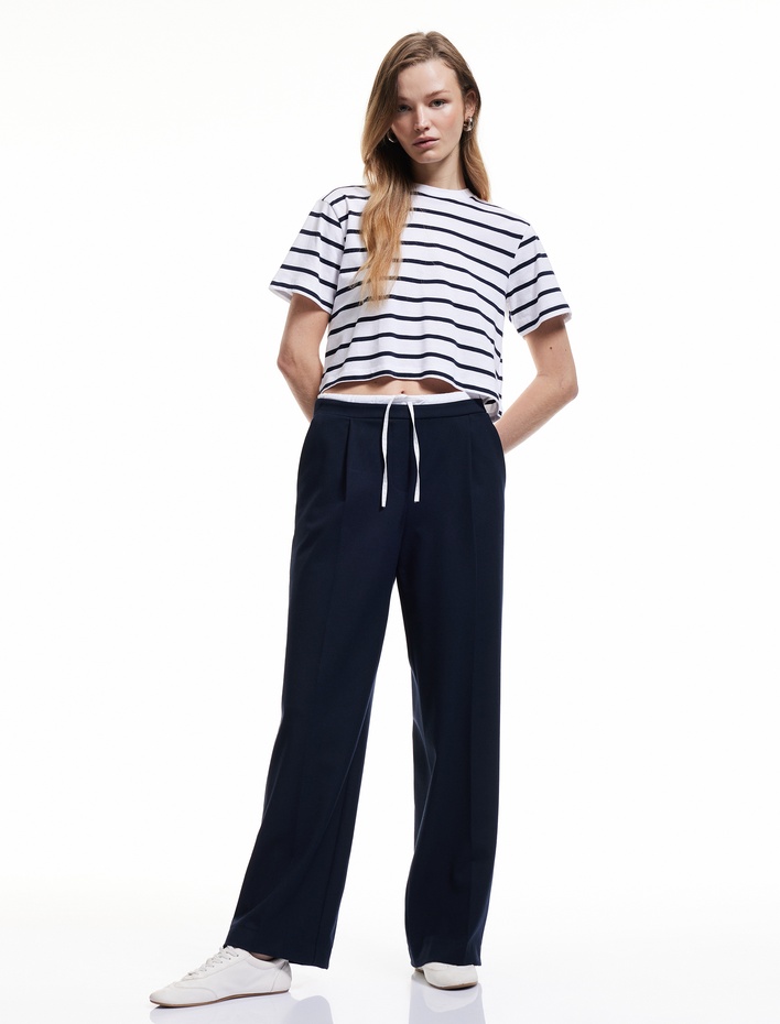  Pamuklu Bisiklet Yaka Kısa Kollu Çizgili Tişört