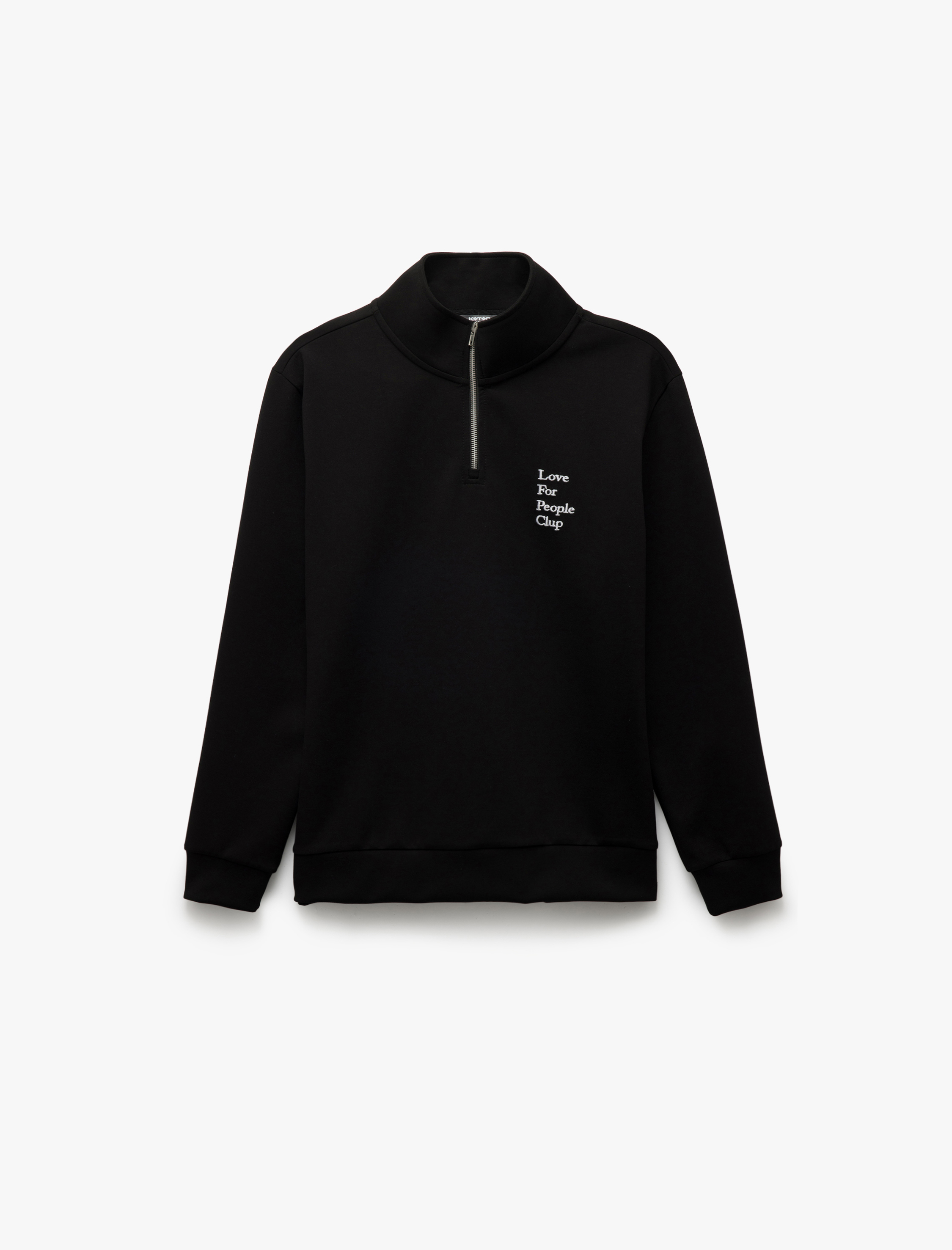 Uzun Kollu İşlemeli İnterlok Kumaş Yarım Fermuarlı Sweatshirt