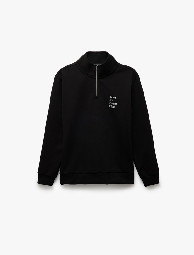 Uzun Kollu İşlemeli İnterlok Kumaş Yarım Fermuarlı Sweatshirt_2