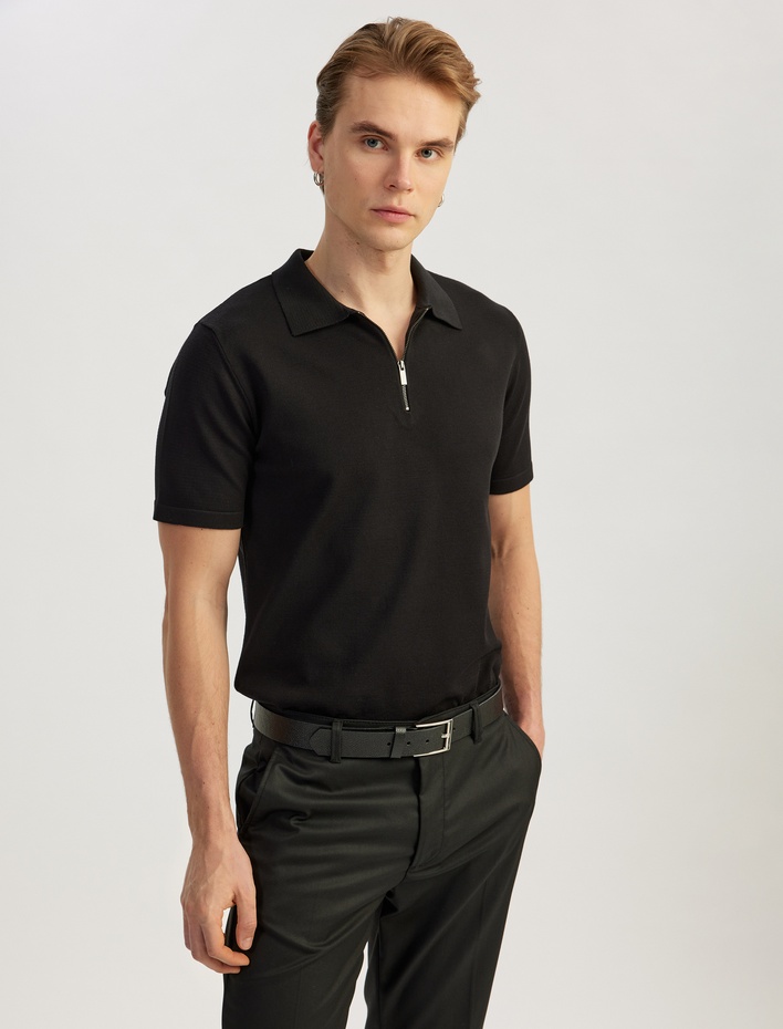  Yarım Fermuarlı Viskon Karışımlı Basic Kısa Kollu Triko Tişört