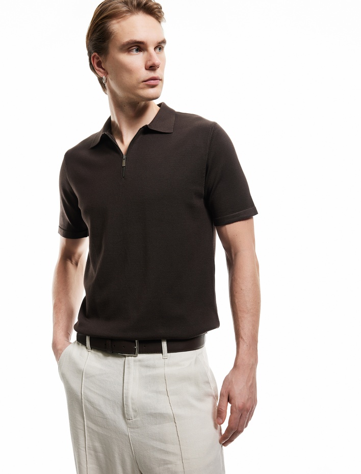  Yarım Fermuarlı Viskon Karışımlı Basic Kısa Kollu Triko Tişört