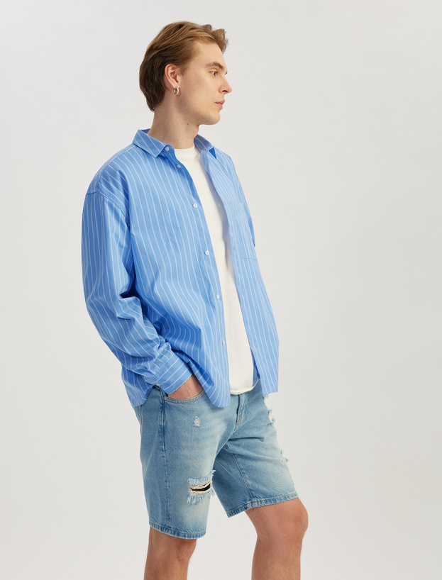 Pamuklu Yırtık Detaylı Bermuda Slim Fit Jean Şort_0