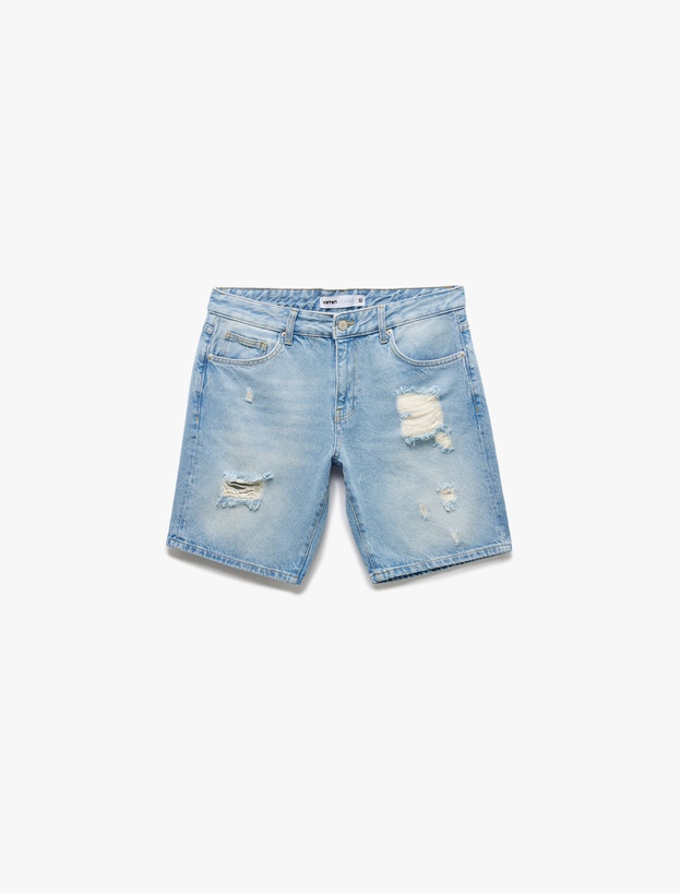 Pamuklu Yırtık Detaylı Bermuda Slim Fit Jean Şort_3