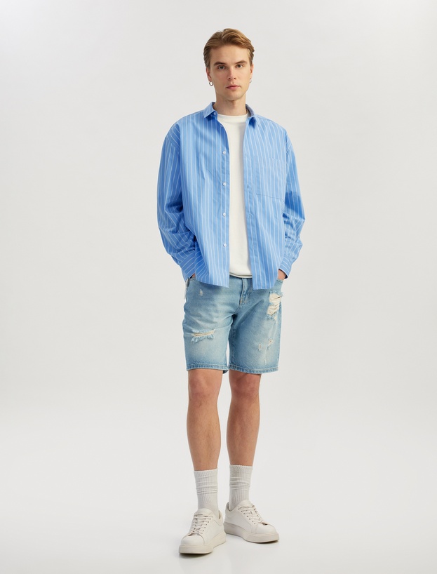 Pamuklu Yırtık Detaylı Bermuda Slim Fit Jean Şort_1
