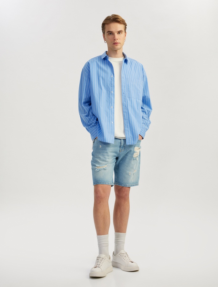  Pamuklu Yırtık Detaylı Bermuda Slim Fit Jean Şort