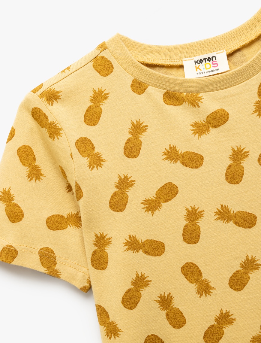  Erkek Çocuk Pamuklu Ananas Baskılı Bisiklet Yaka Kısa Kollu Tişört