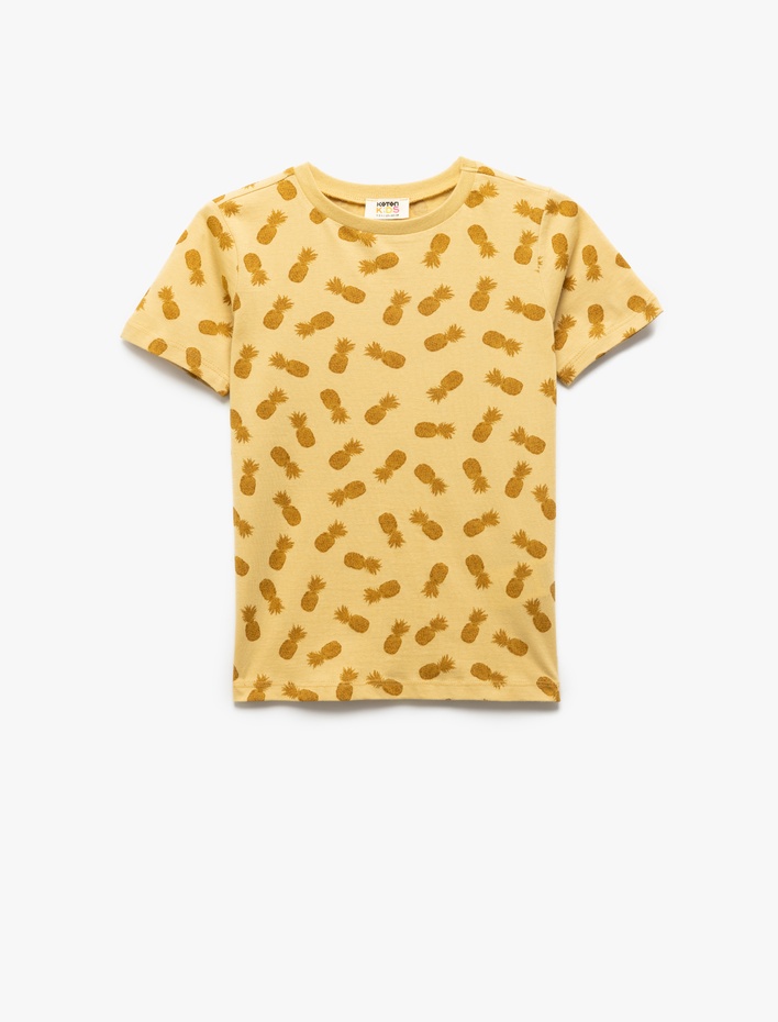 Erkek Çocuk Pamuklu Ananas Baskılı Bisiklet Yaka Kısa Kollu Tişört