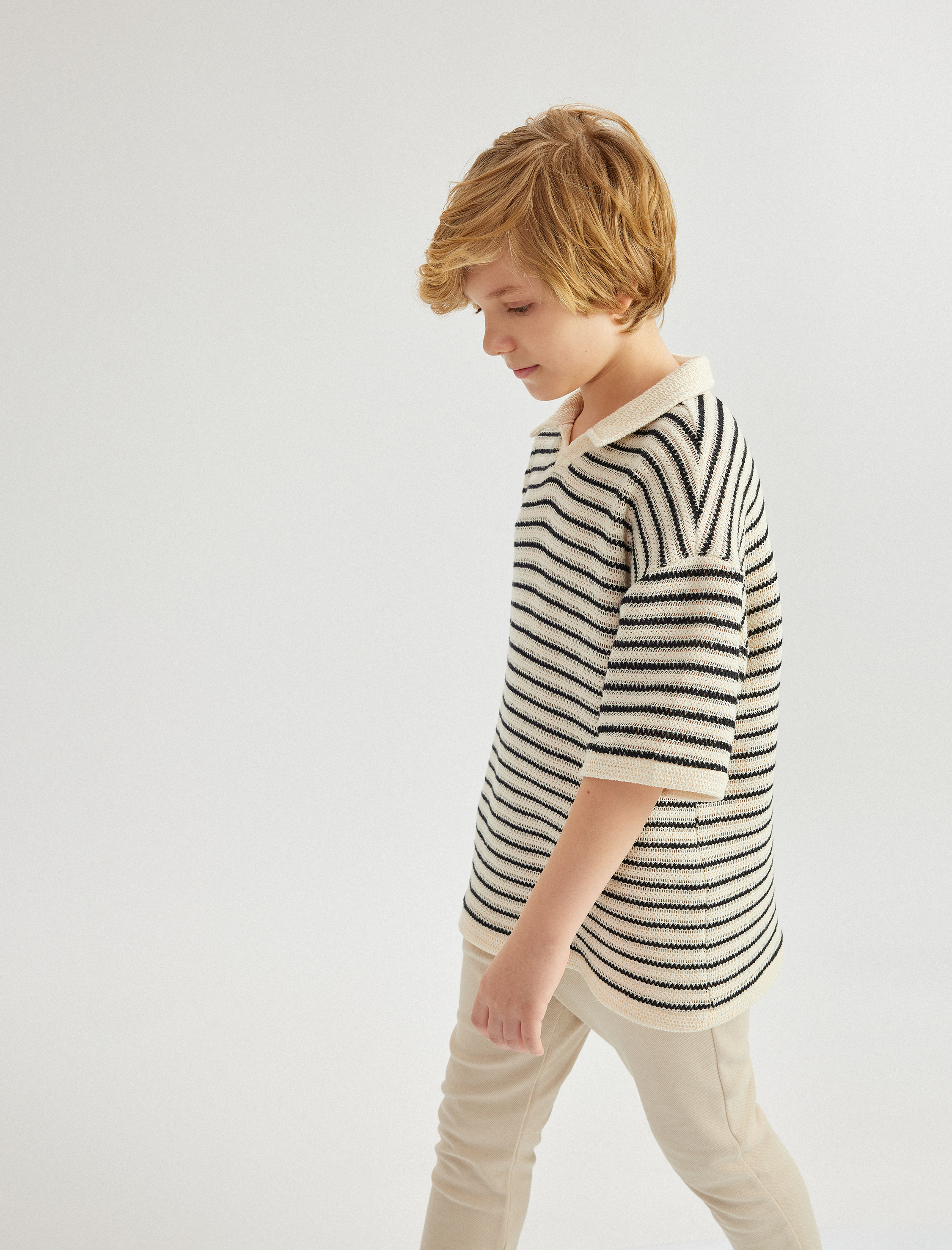  Erkek Çocuk Oversize Ajurlu Kısa Kollu Pamuklu Triko Polo Yaka Tişört