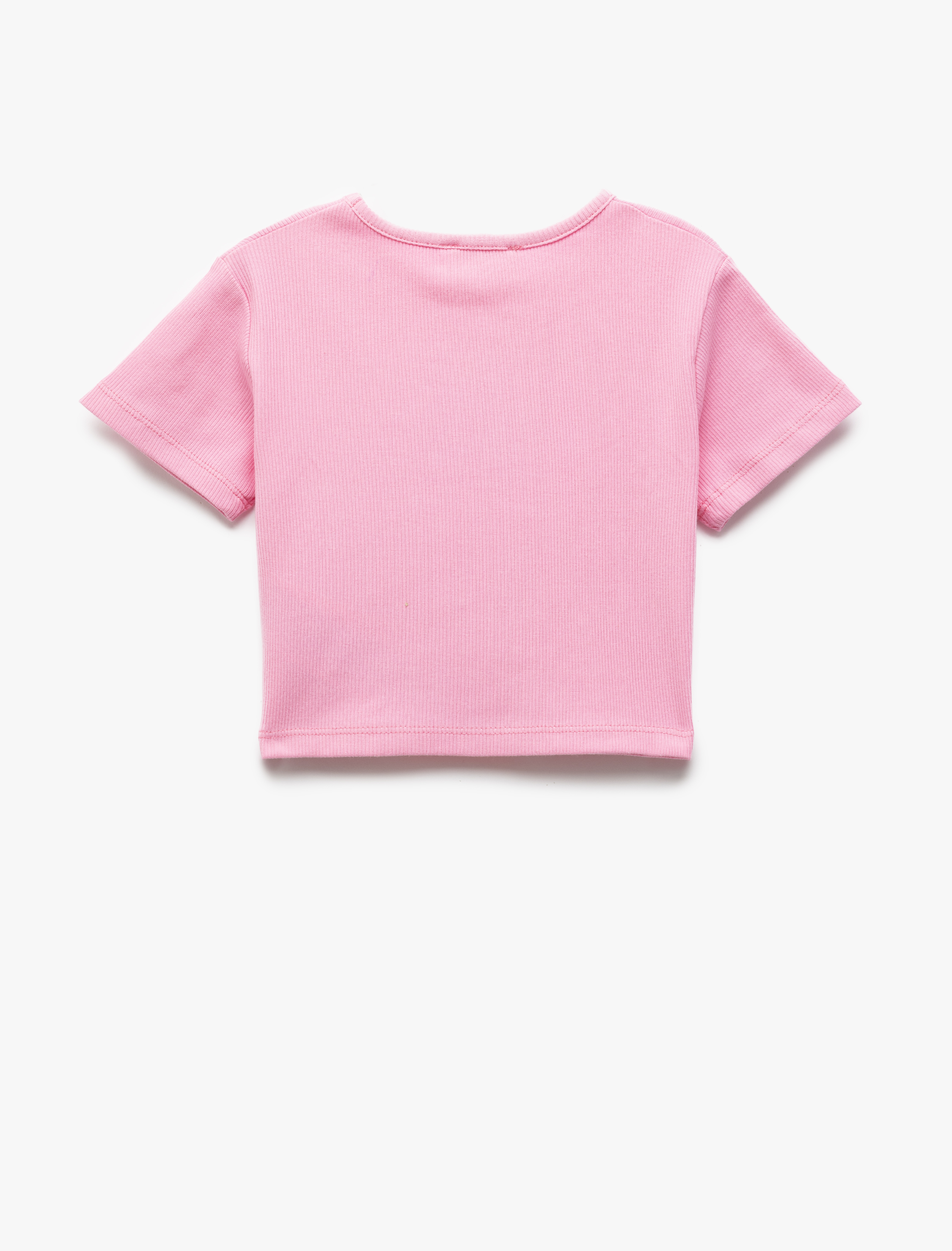  Kız Çocuk Pamuklu Kısa Kollu Bisiklet Yaka Kaşkorse Ayıcık Baskılı Crop Tişört