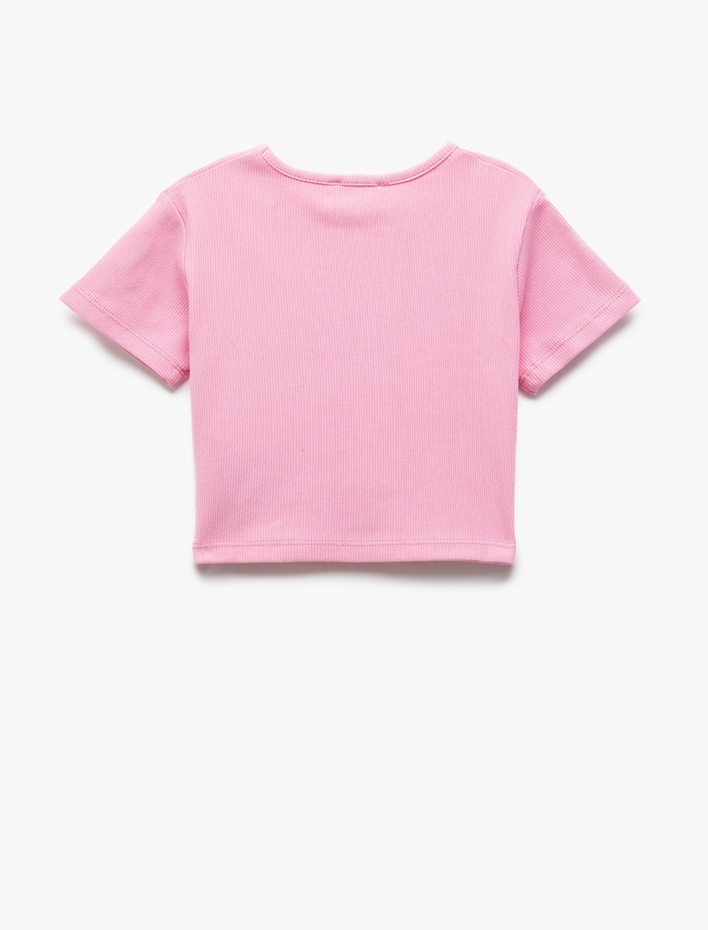 Kız Çocuk Pamuklu Kısa Kollu Bisiklet Yaka Kaşkorse Ayıcık Baskılı Crop Tişört