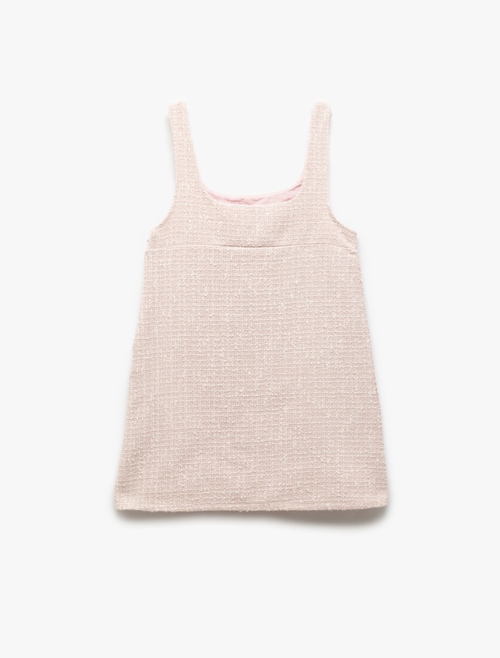 Kız Çocuk Askılı İnci Düğme Detaylı Yuvarlak Yaka Tüvit Jile Elbise