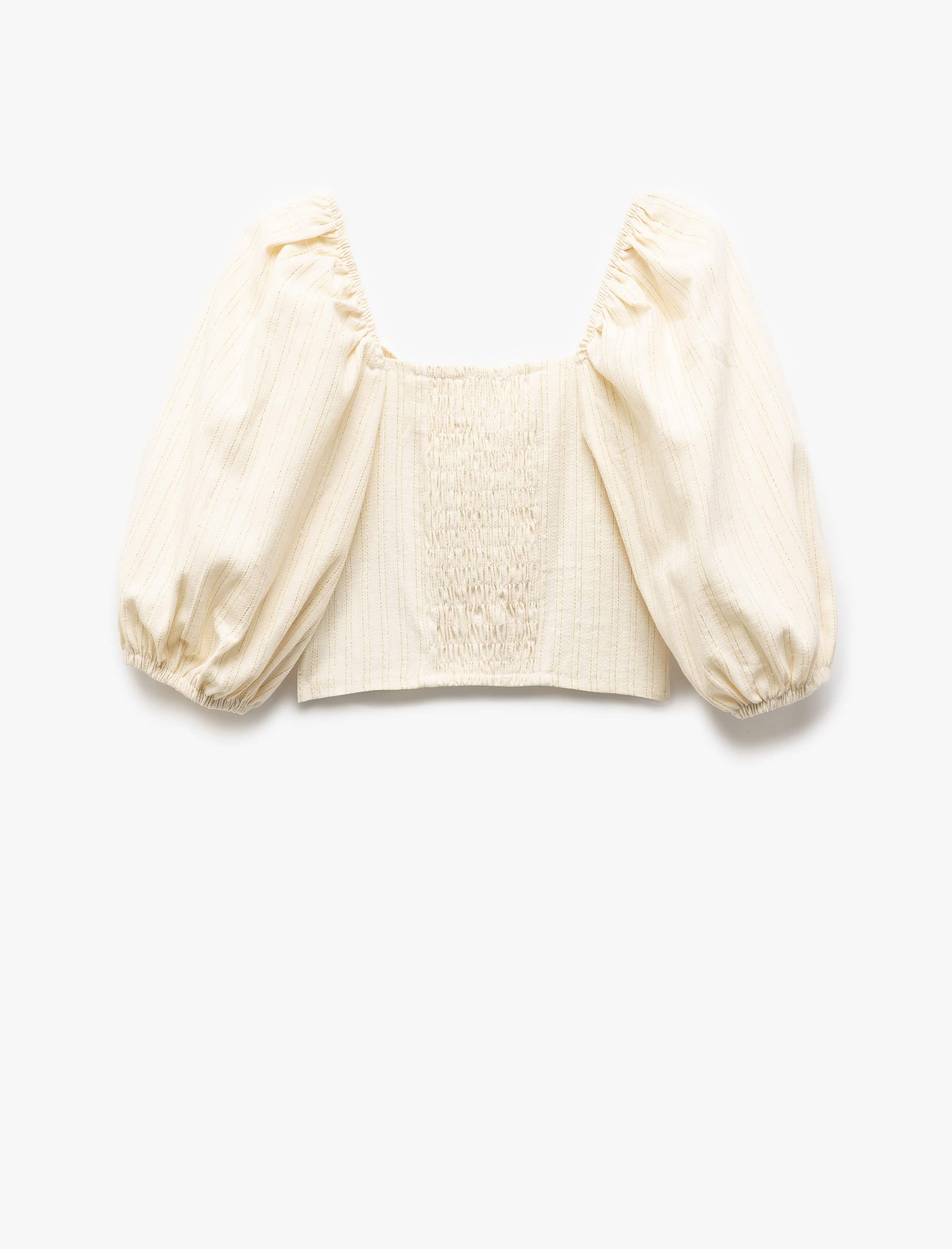  Kız Çocuk Pamuklu Balon Kollu Büzgü Detaylı Crop Bluz