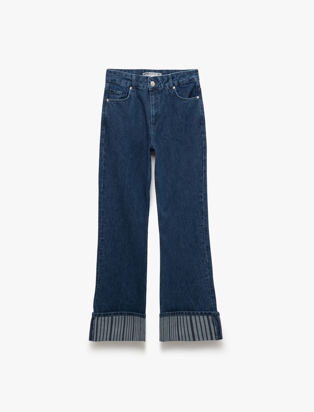 Katlamalı Duble Paça Normal Bel Düğmeli Düz Kalıp Denim Pantolon - Straight Fit Jean_3