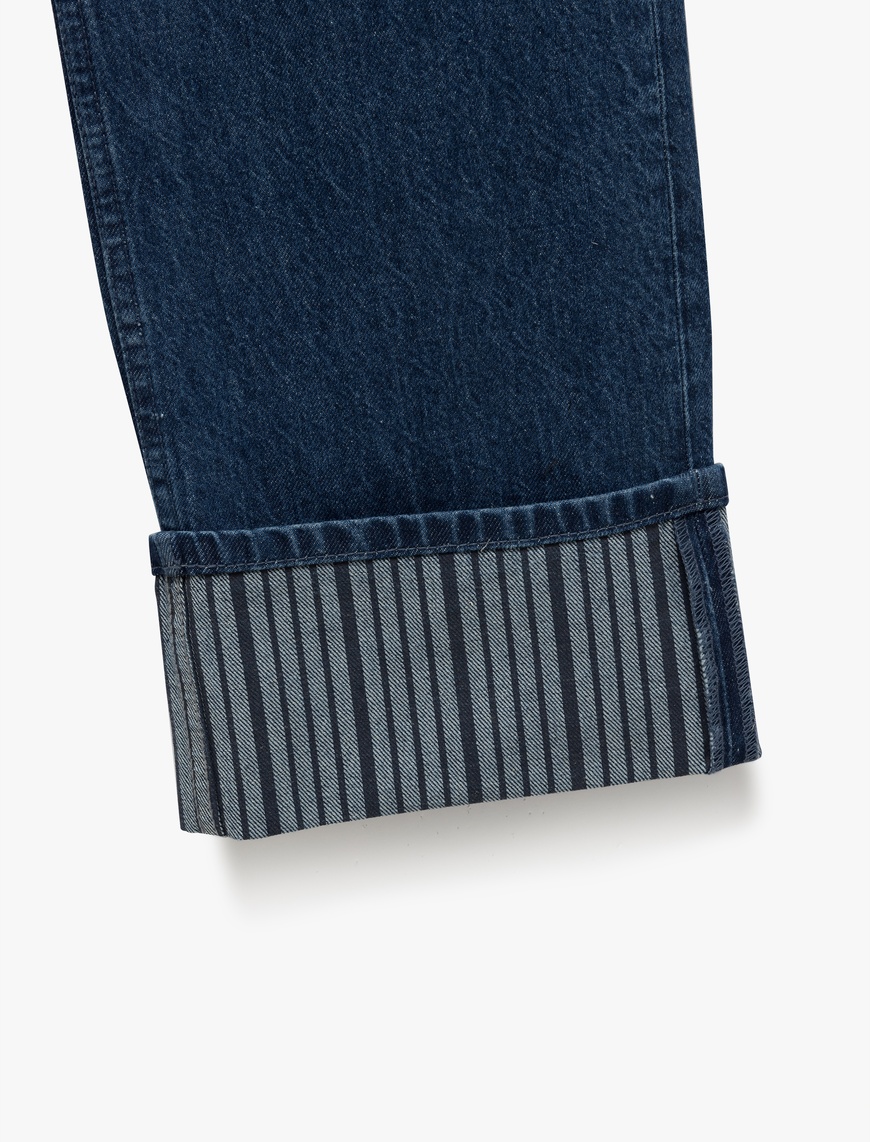   Katlamalı Duble Paça Normal Bel Düğmeli Düz Kalıp Denim Pantolon - Straight Fit Jean