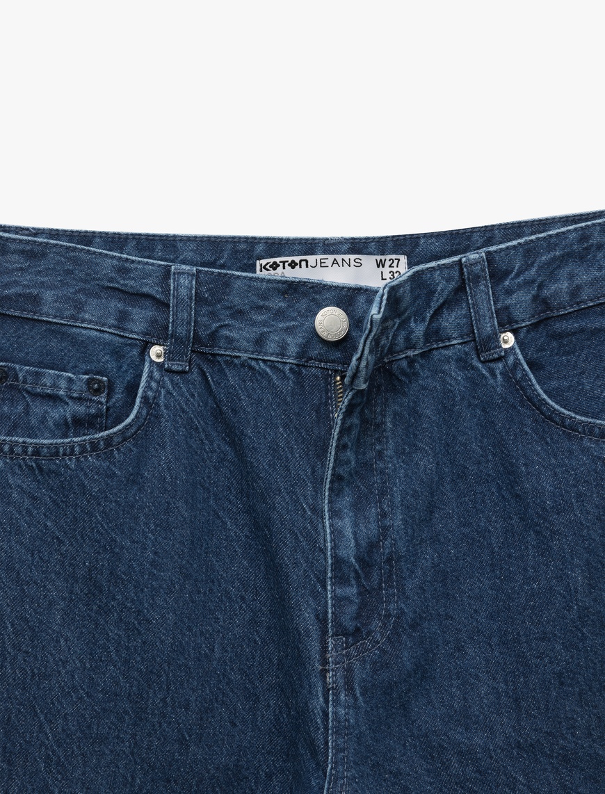   Katlamalı Duble Paça Normal Bel Düğmeli Düz Kalıp Denim Pantolon - Straight Fit Jean