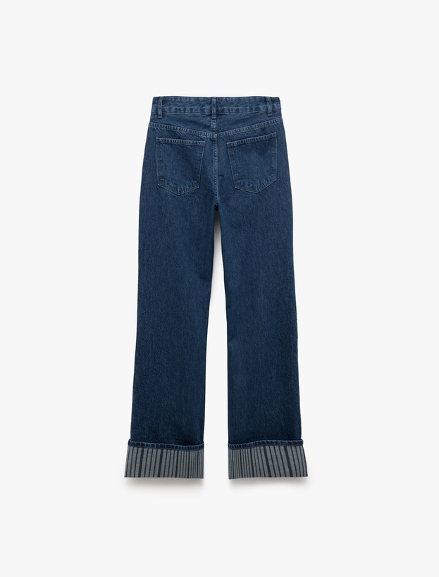 Katlamalı Duble Paça Normal Bel Düğmeli Düz Kalıp Denim Pantolon - Straight Fit Jean_4