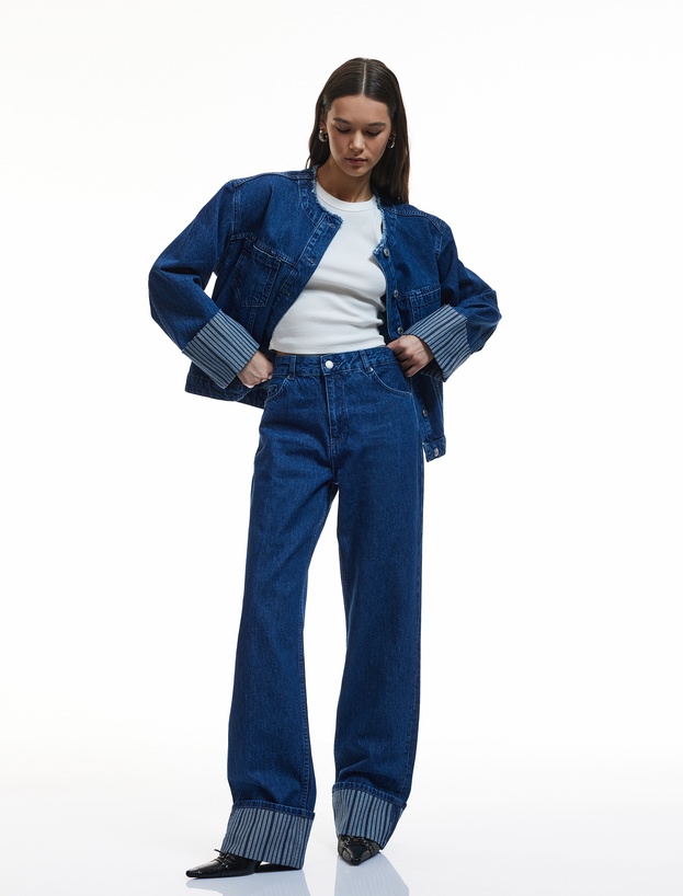 Katlamalı Duble Paça Normal Bel Düğmeli Düz Kalıp Denim Pantolon - Straight Fit Jean_1