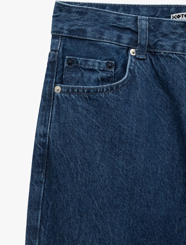 Katlamalı Duble Paça Normal Bel Düğmeli Düz Kalıp Denim Pantolon - Straight Fit Jean_6