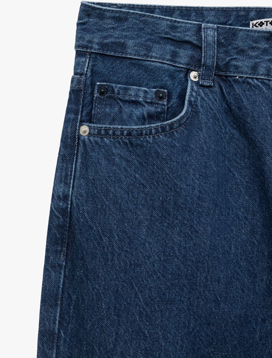   Katlamalı Duble Paça Normal Bel Düğmeli Düz Kalıp Denim Pantolon - Straight Fit Jean