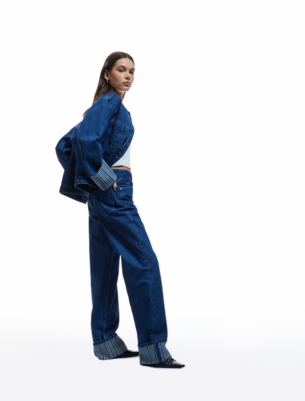 Katlamalı Duble Paça Normal Bel Düğmeli Düz Kalıp Denim Pantolon - Straight Fit Jean_2