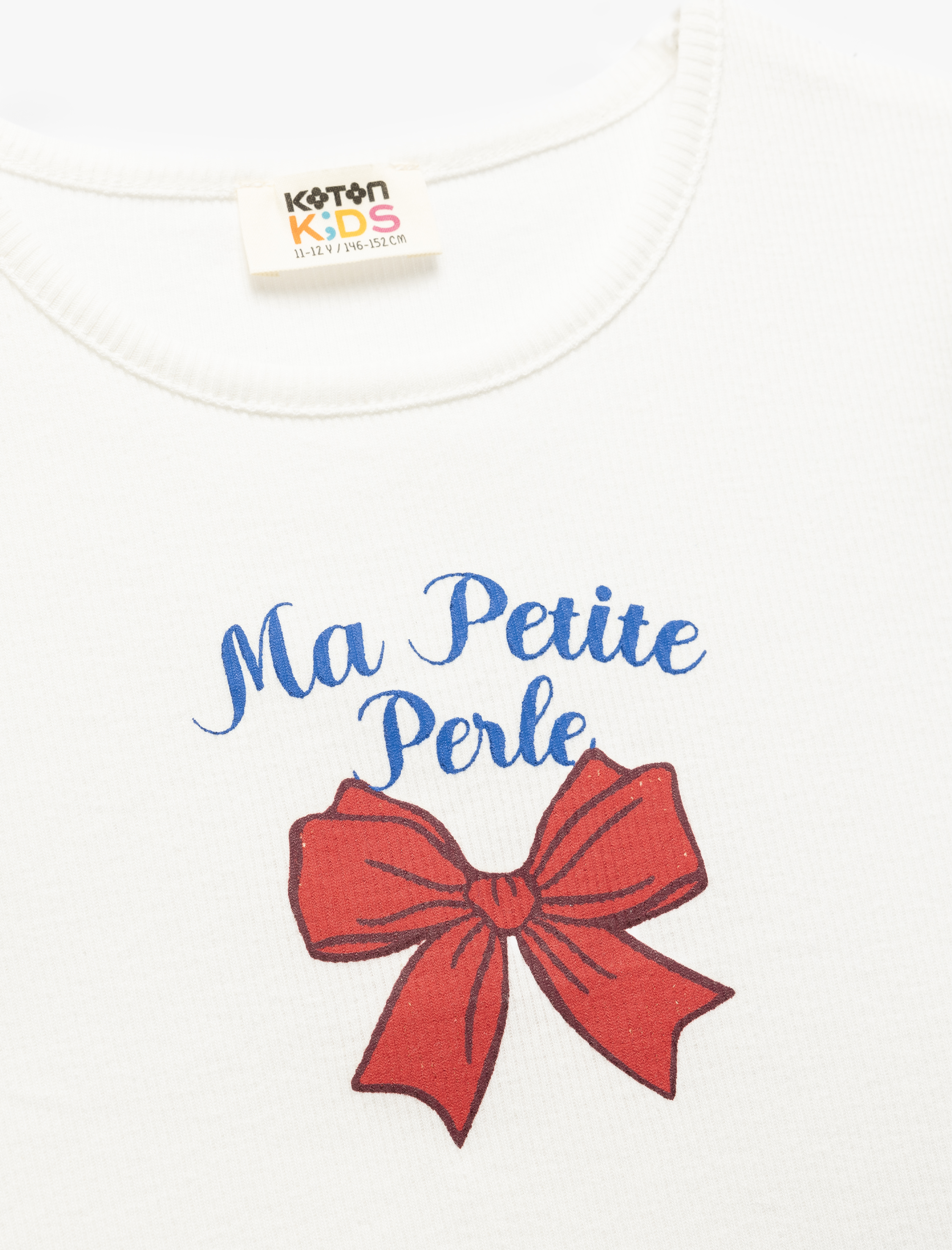  Kız Çocuk Pamuklu Kısa Kollu Bisiklet Yaka Kurdele Baskılı Crop Tişört