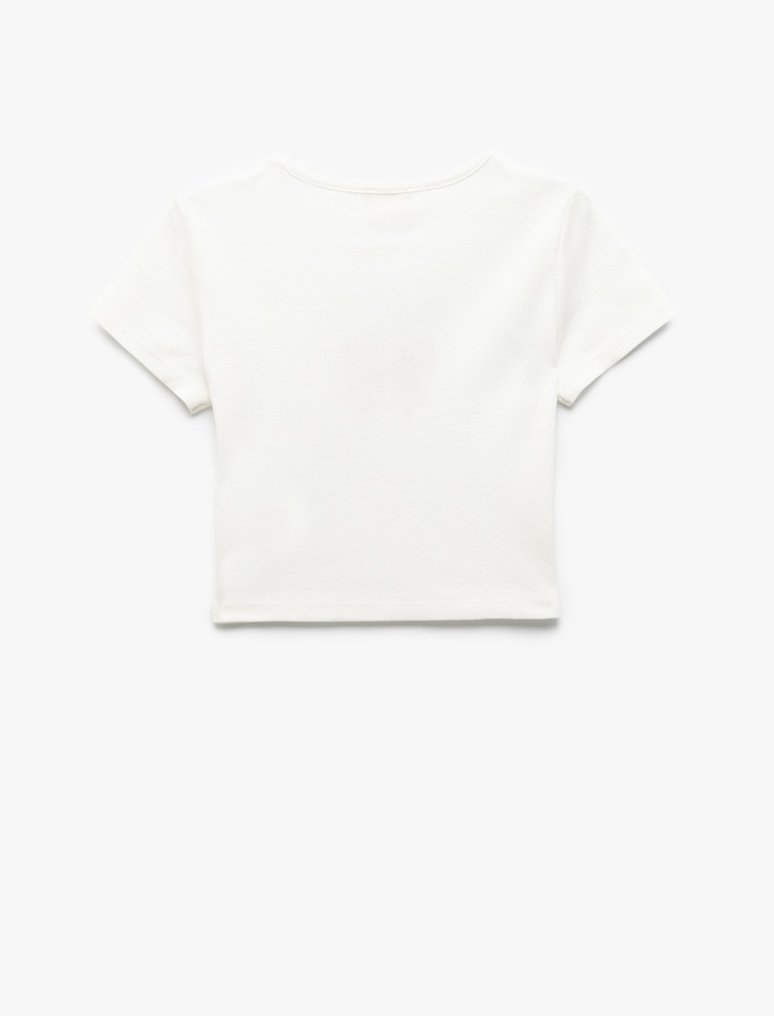 Kız Çocuk Pamuklu Kısa Kollu Bisiklet Yaka Kurdele Baskılı Crop Tişört