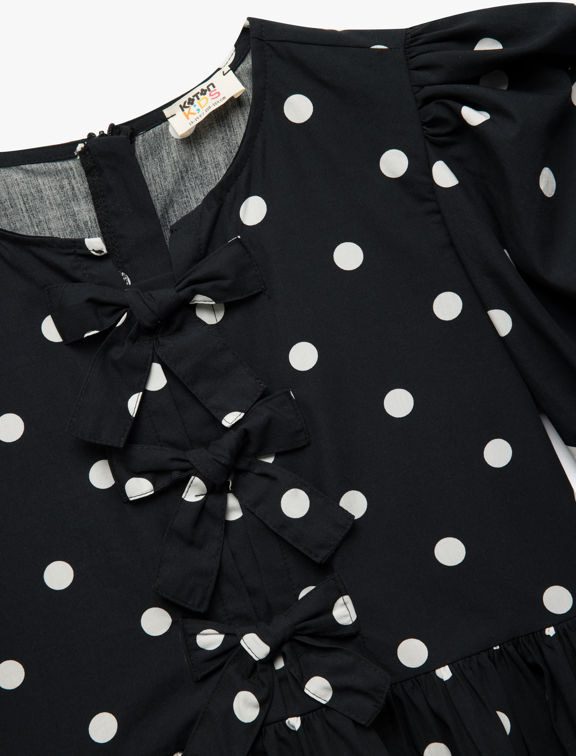 Kız Çocuk Pamuklu Balon Kollu Yuvarlak Yaka Kurdele Detaylı Puantiyeli Elbise