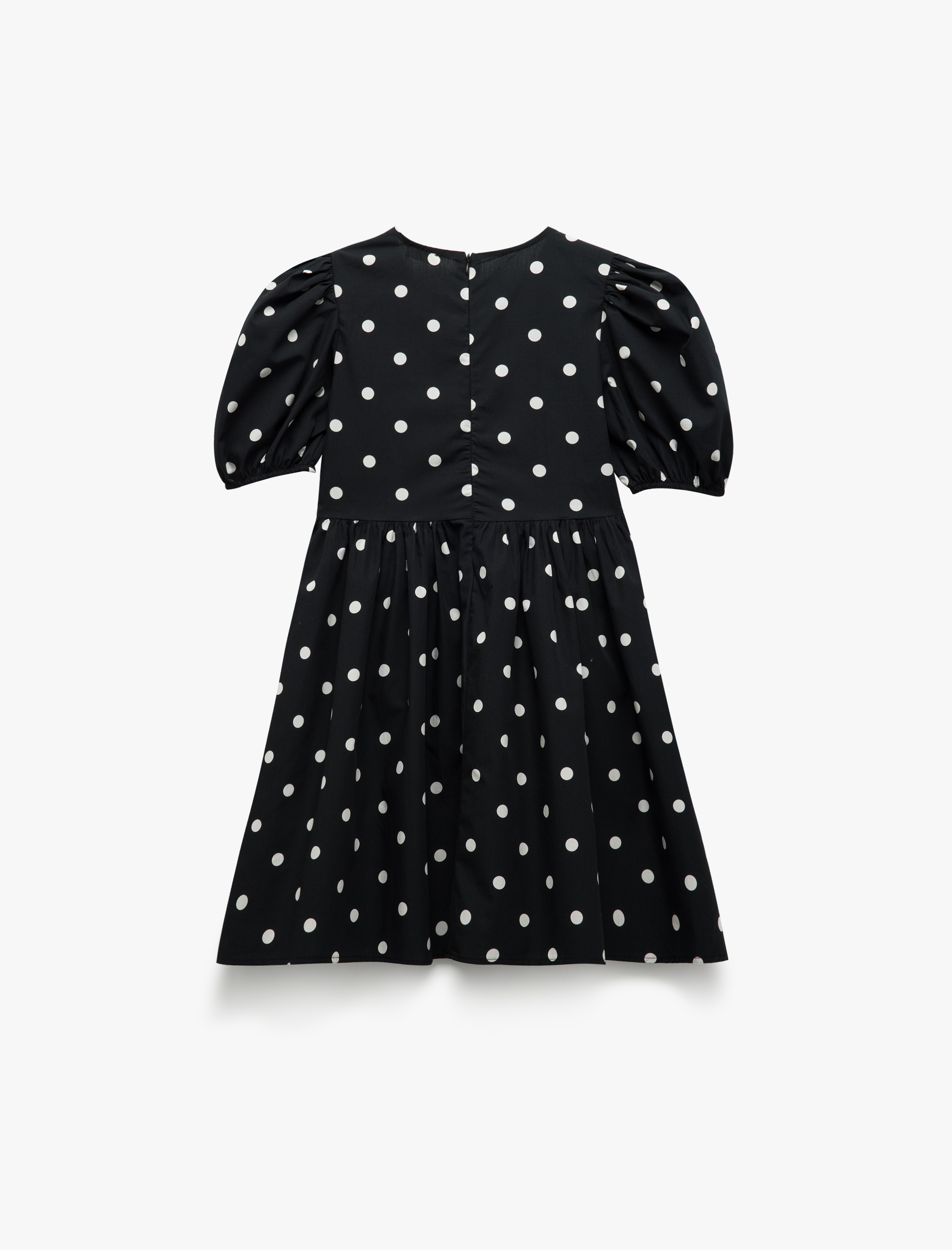 Kız Çocuk Pamuklu Balon Kollu Yuvarlak Yaka Kurdele Detaylı Puantiyeli Elbise