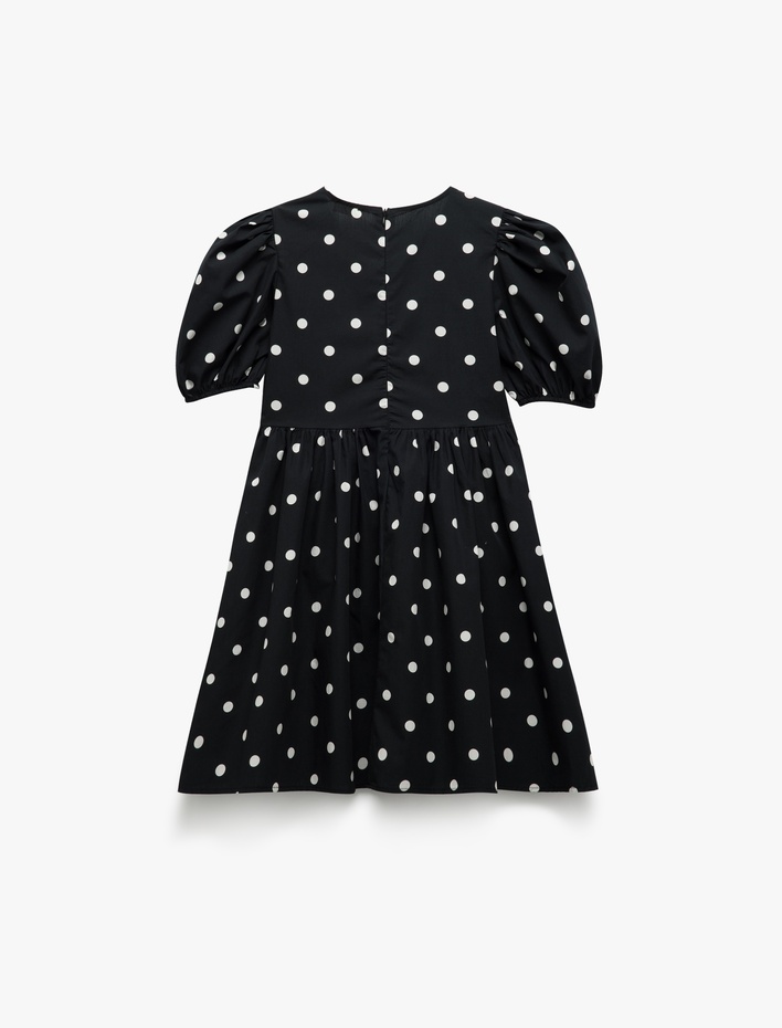 Kız Çocuk Pamuklu Balon Kollu Yuvarlak Yaka Kurdele Detaylı Puantiyeli Elbise