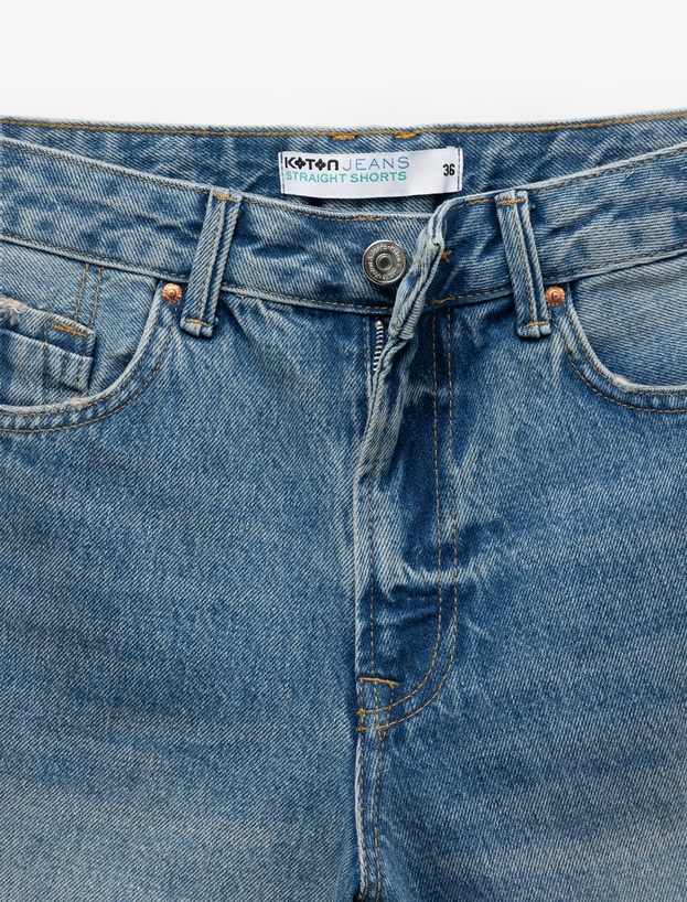 Düğmeli Cep Detaylı Mini Rahat Kalıp Denim Şort_5