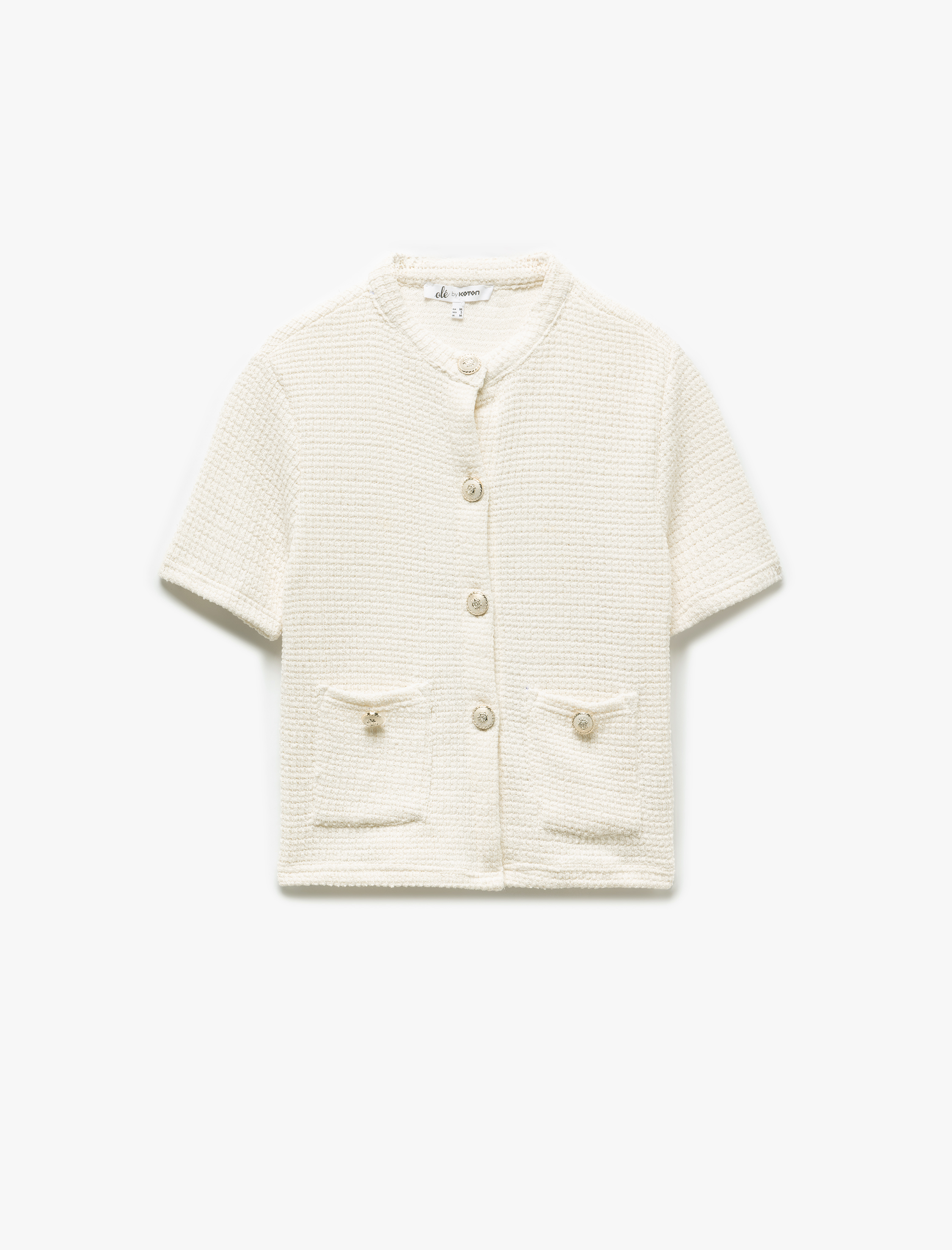   Düğme Detaylı Cepli Bisiklet Yaka Kısa Kollu Triko Hırka