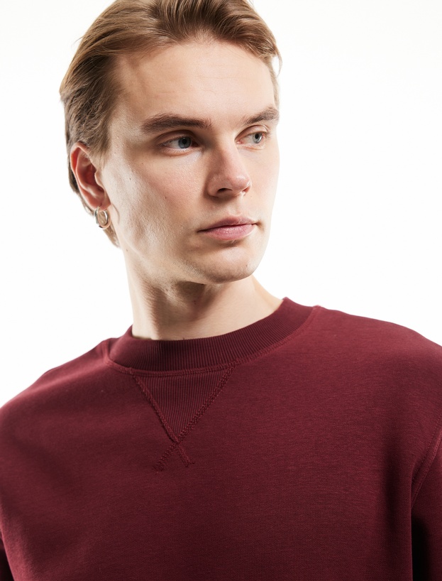 Bisiklet Yaka Dikiş Detaylı Şardonlu Pamuk Karışımlı Basic Sweatshirt_2