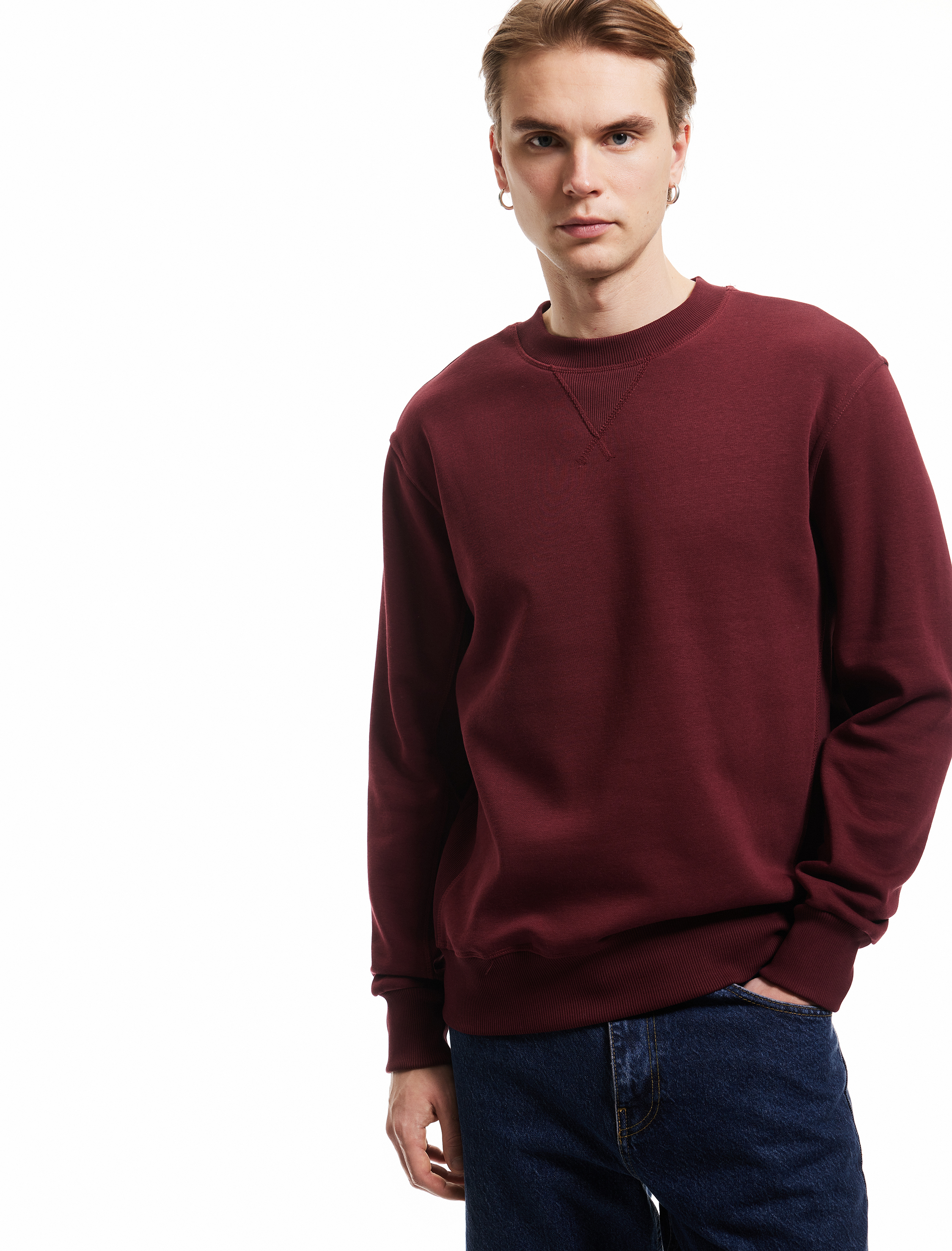 Koton Erkek Bisiklet Yaka Dikiş Detaylı Şardonlu Pamuk Karışımlı Basic Sweatshirt -1