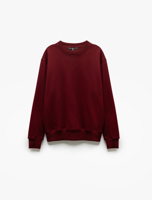 Bisiklet Yaka Dikiş Detaylı Şardonlu Pamuk Karışımlı Basic Sweatshirt_3