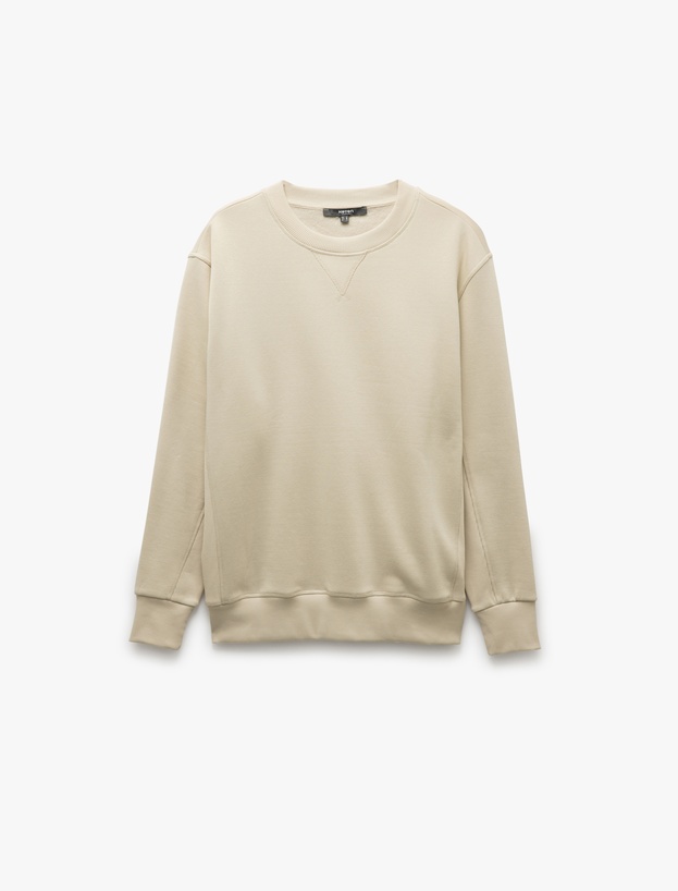Bisiklet Yaka Dikiş Detaylı Şardonlu Pamuk Karışımlı Basic Sweatshirt_2