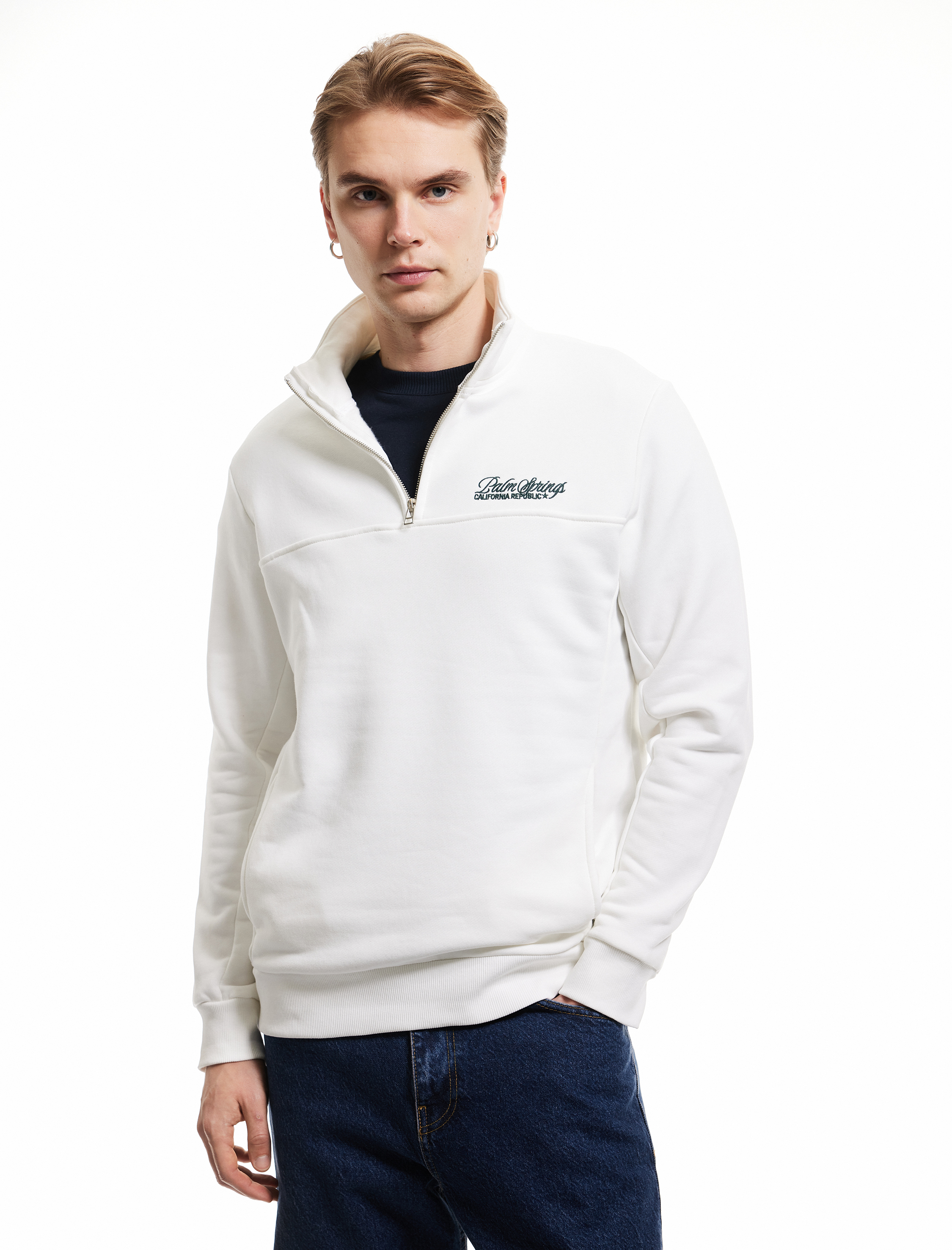   İşlemeli Şardonlu Cep Detaylı Yarım Fermuarlı Sweatshirt