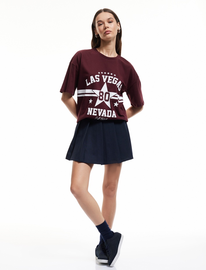  Kolej Baskılı Pamuklu Bisiklet Yaka Kısa Kollu Oversize Tişört