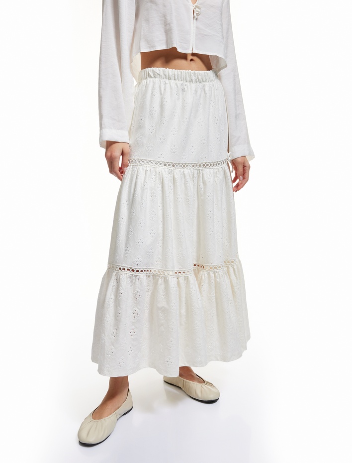  Yüksek Bel Ajurlu Beli lastikli Volanlı Çiçekli Midi Etek